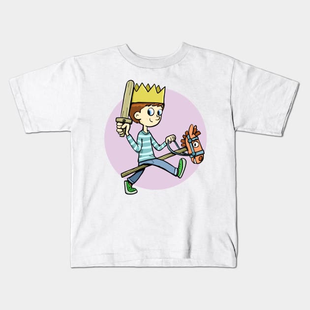 boy plays knight king and rides a horse on a stick Kids T-Shirt by duxpavlic